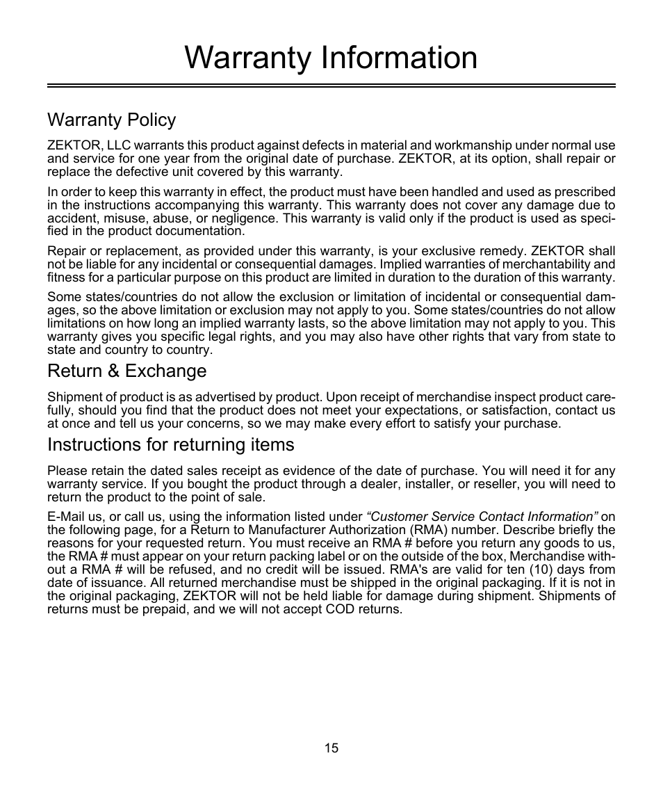 Warranty information, Warranty policy, Return & exchange | Instructions for returning items | Symphonic ZEKTOR MAS3 User Manual | Page 15 / 16