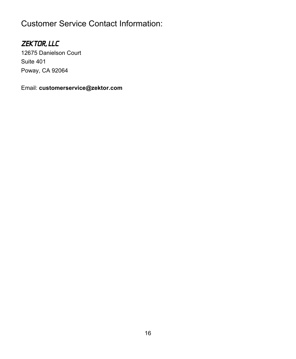 Customer service contact information | Symphonic ZEKTOR MAS3 User Manual | Page 16 / 16
