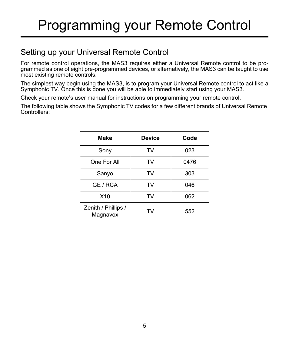 Programming your remote control, Setting up your universal remote control | Symphonic ZEKTOR MAS3 User Manual | Page 5 / 16