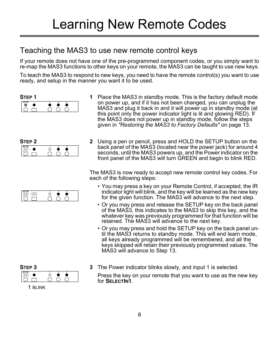 Learning new remote codes, Teaching the mas3 to use new remote control keys | Symphonic ZEKTOR MAS3 User Manual | Page 8 / 16
