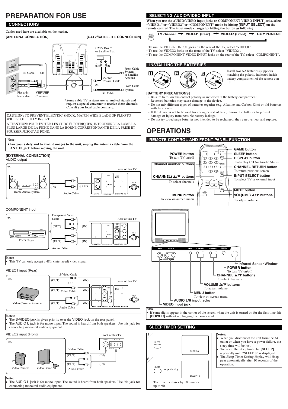 Preparation for use, Operations, Video 2 video menu volume l audio r channel power | Installing the batteries, 21 3 connections, Selecting audio/video input, Sleep timer setting, Remote control and front panel function | Symphonic ST427FF User Manual | Page 2 / 8