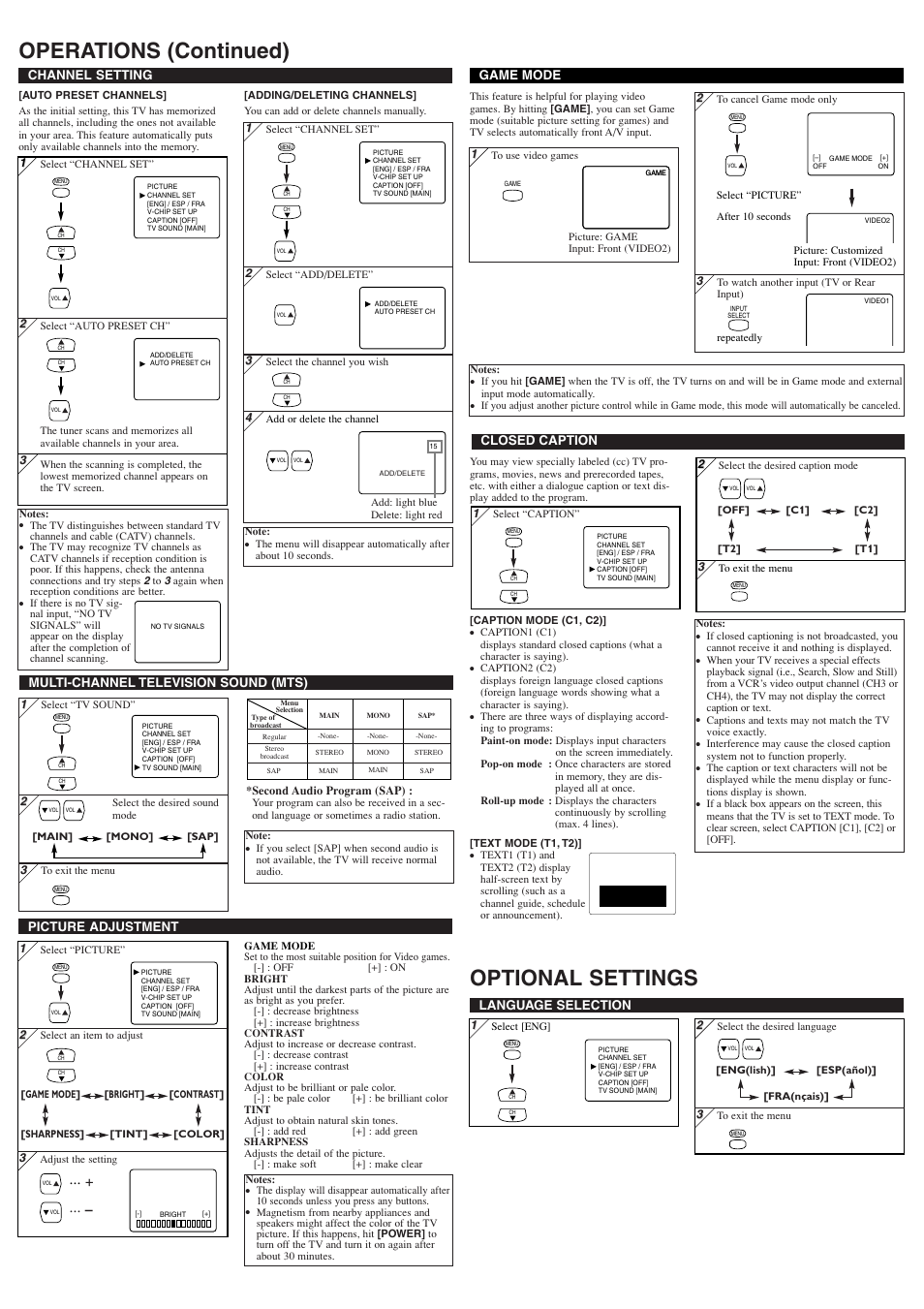 Operations (continued) optional settings, Picture adjustment, Channel setting | Game mode, Language selection, Closed caption, Multi-channel television sound (mts) | Symphonic ST427FF User Manual | Page 3 / 8