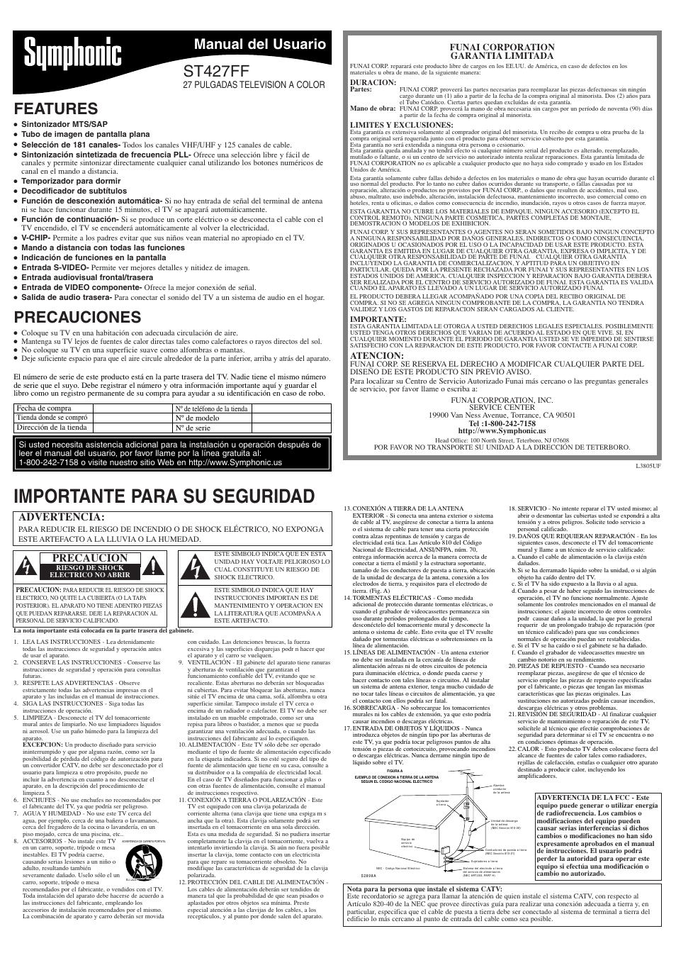 Importante para su seguridad, Features, St427ff | Precauciones, Manual del usuario, Advertencia, Precaucion, 27 pulgadas television a color, Funai corporation garantia limitada, Atencion | Symphonic ST427FF User Manual | Page 5 / 8