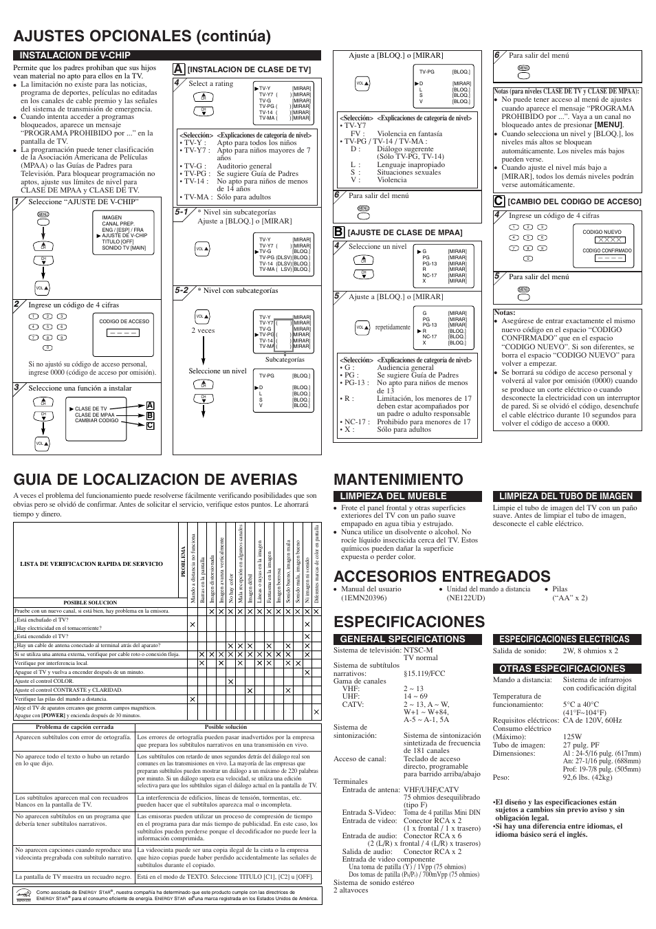 Accesorios entregados, Ab c, General specifications | Especificaciones electricas, Otras especificaciones, Limpieza del mueble, Limpieza del tubo de imagen, Instalacion de v-chip | Symphonic ST427FF User Manual | Page 8 / 8