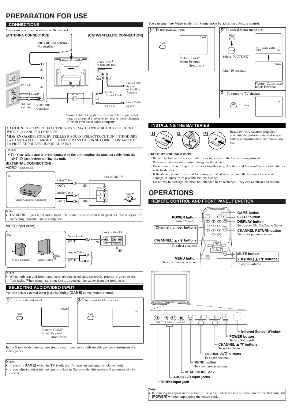 Preparation for use, Operations, Connections | Remote control and front panel function, Installing the batteries, Selecting audio/video input | Symphonic ST427F User Manual | Page 2 / 8