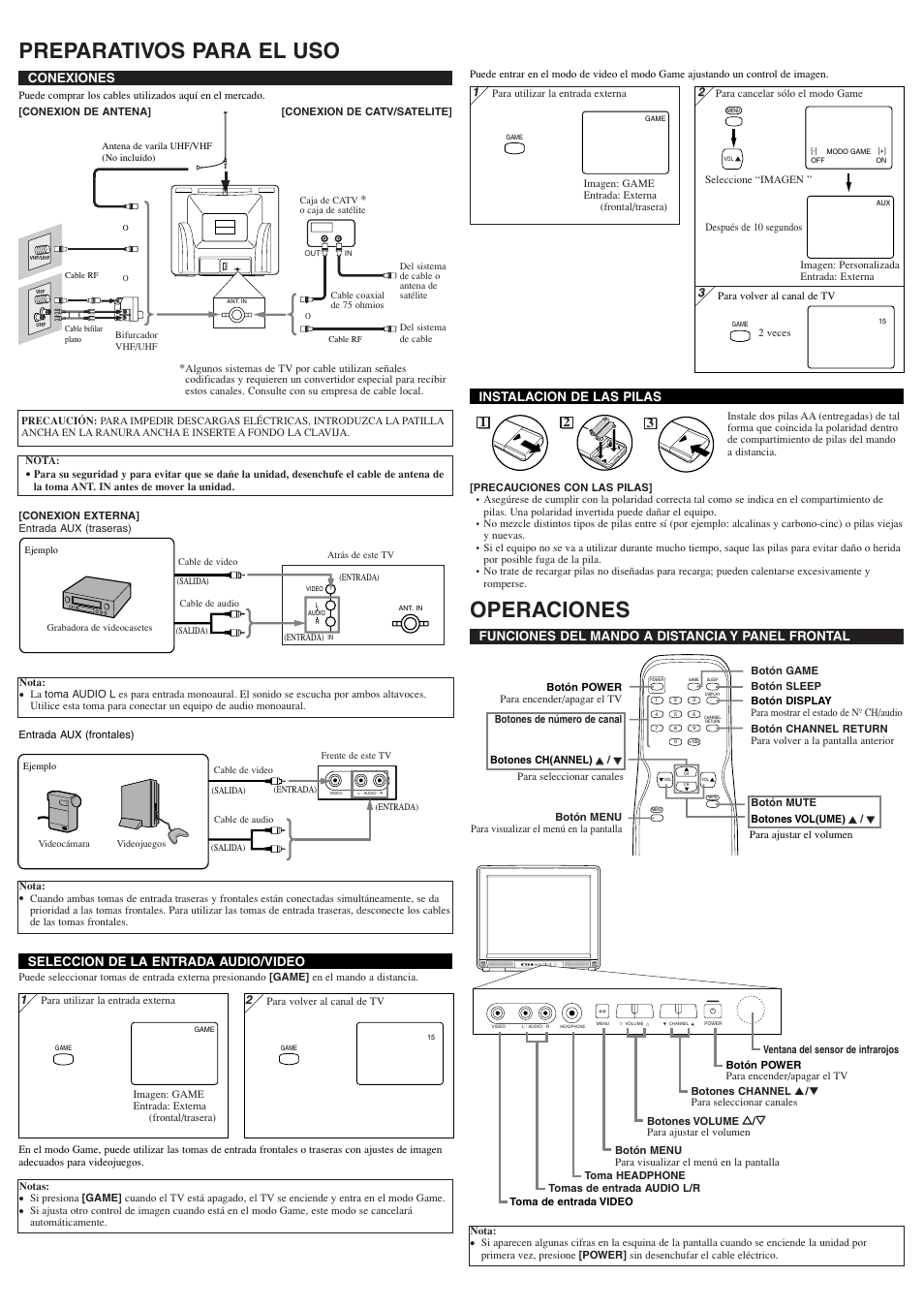 Preparativos para el uso, Operaciones, Conexiones | Funciones del mando a distancia y panel frontal, Instalacion de las pilas, Seleccion de la entrada audio/video | Symphonic ST427F User Manual | Page 6 / 8