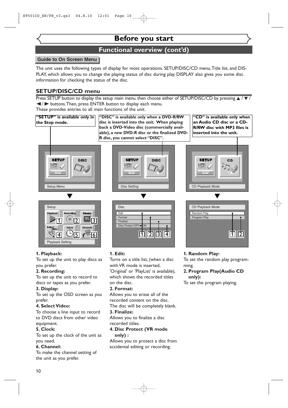 Before you start, Functional overview (cont’d), Setup/disc/cd menu | Symphonic CWR20V4 User Manual | Page 10 / 108