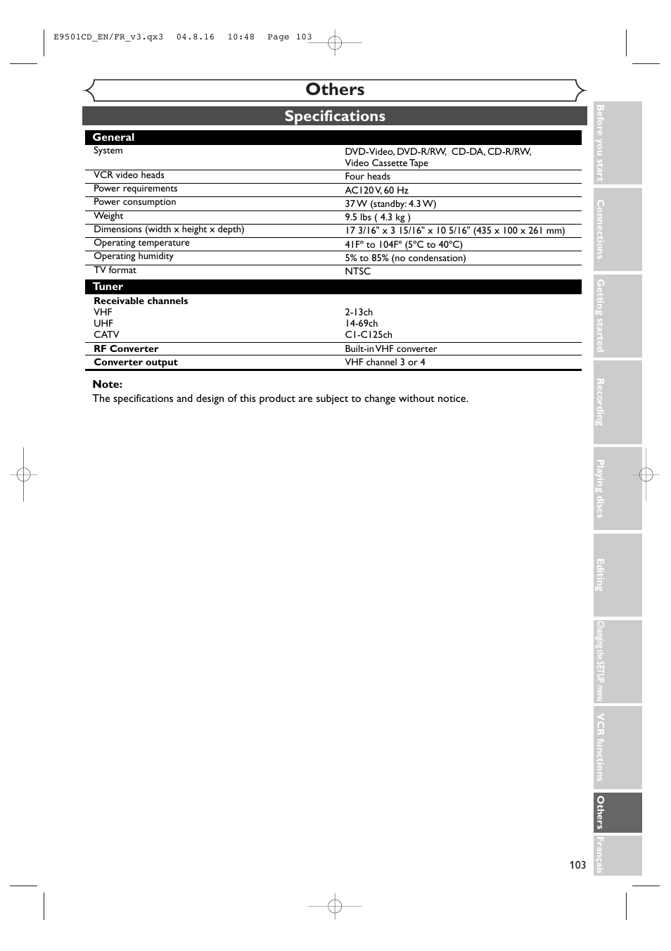 Others, Specifications | Symphonic CWR20V4 User Manual | Page 103 / 108