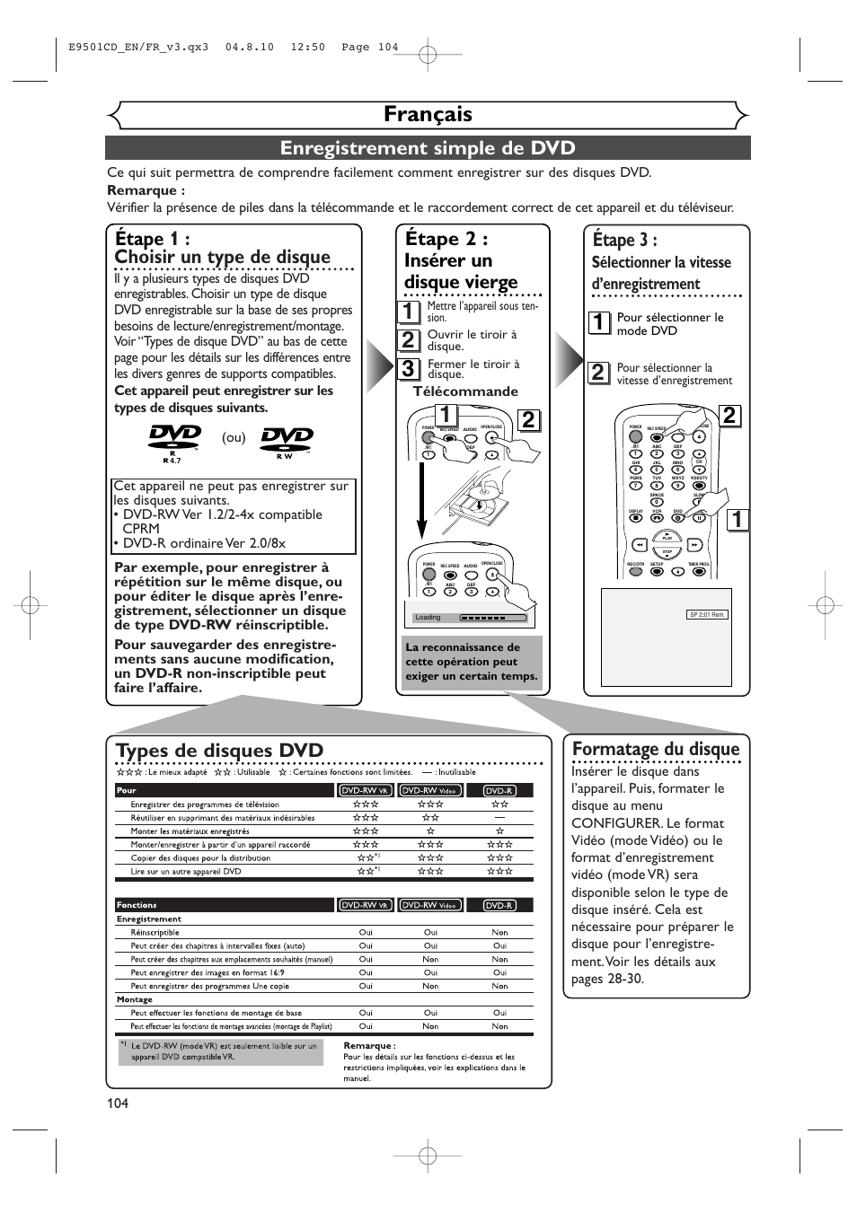 Français, Enregistrement simple de dvd, Étape 3 | Étape 1 : choisir un type de disque, Étape 2 : insérer un disque vierge, Types de disques dvd, Formatage du disque, Sélectionner la vitesse d’enregistrement, Télécommande | Symphonic CWR20V4 User Manual | Page 104 / 108