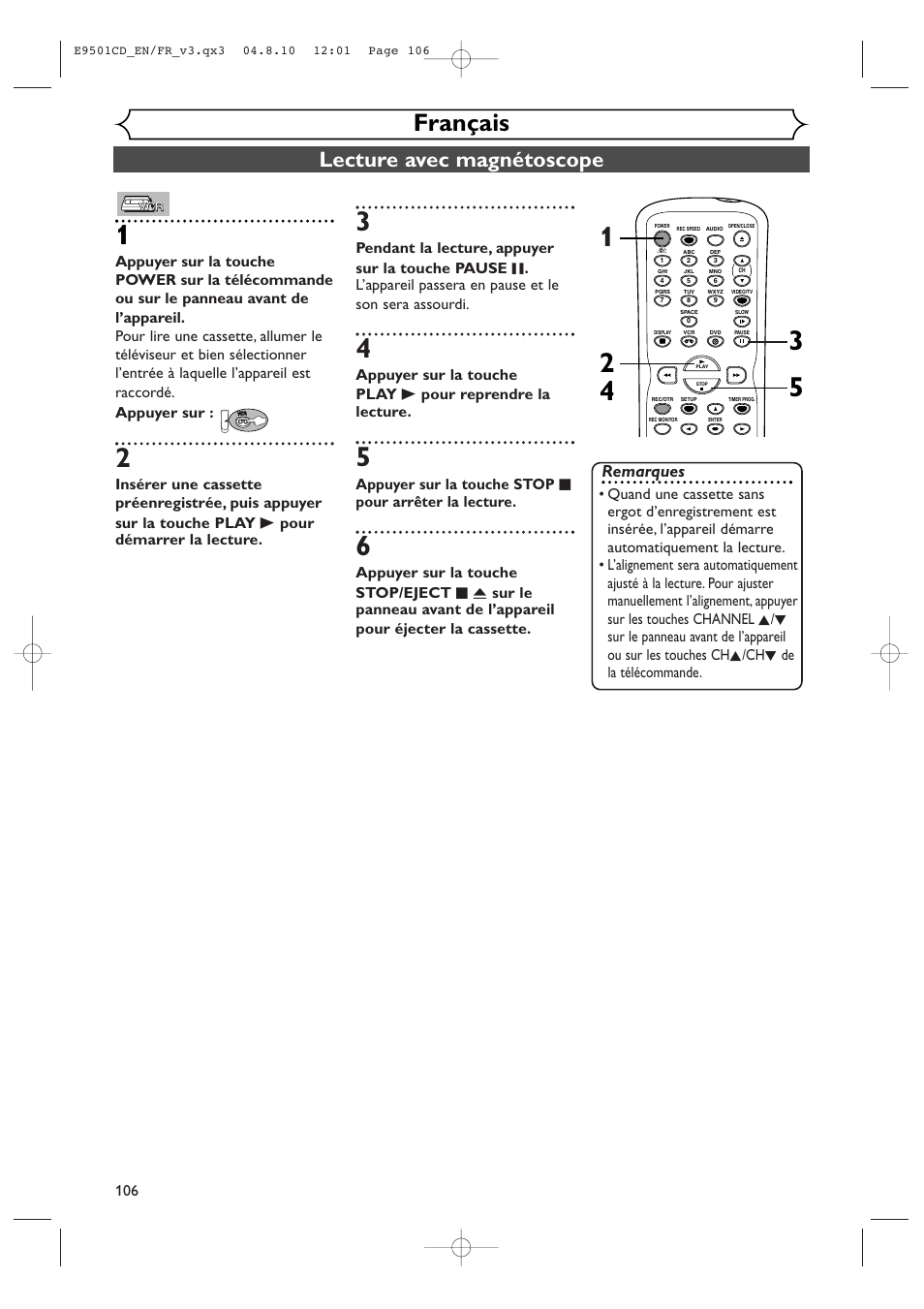 Français, Lecture avec magnétoscope, Remarques | Symphonic CWR20V4 User Manual | Page 106 / 108