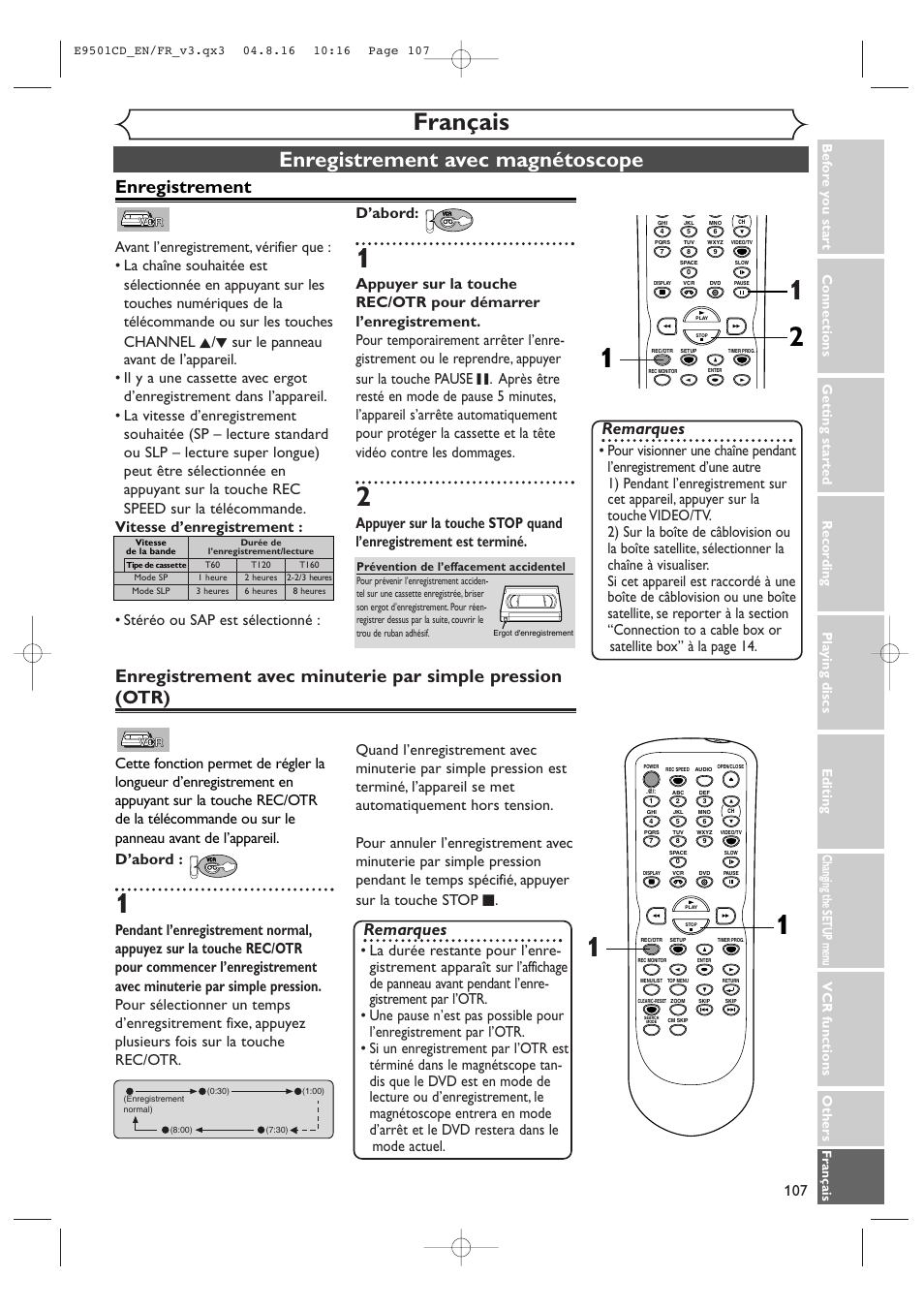 Français, Enregistrement avec magnétoscope, Enregistrement | Remarques | Symphonic CWR20V4 User Manual | Page 107 / 108