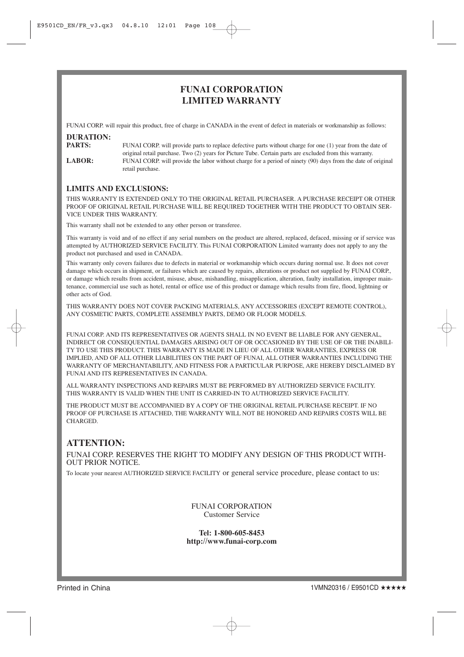 Funai corporation limited warranty, Attention | Symphonic CWR20V4 User Manual | Page 108 / 108