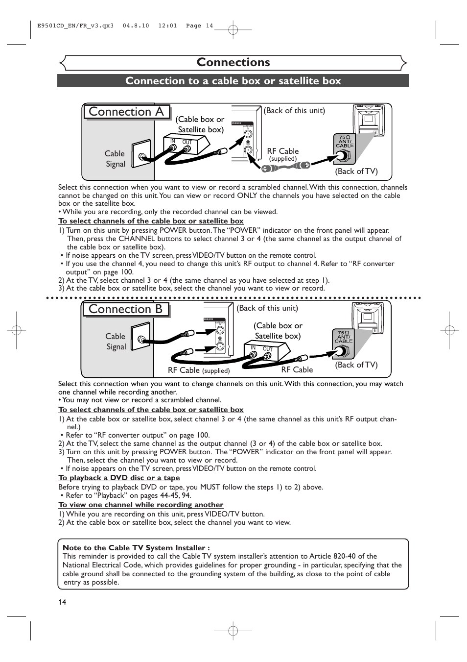 Connection a, Connection b, Connections | Connection to a cable box or satellite box | Symphonic CWR20V4 User Manual | Page 14 / 108