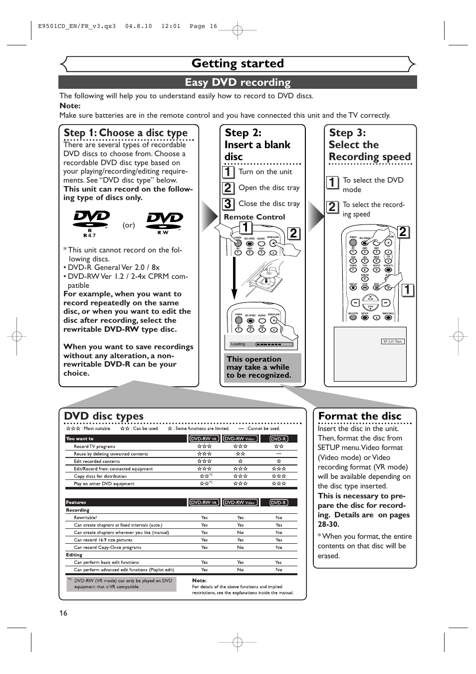 Getting started, Easy dvd recording, Step 3: select the recording speed | Step 1: choose a disc type, Step 2: insert a blank disc, Format the disc, Dvd disc types, This operation may take a while to be recognized, Open the disc tray close the disc tray, Turn on the unit | Symphonic CWR20V4 User Manual | Page 16 / 108