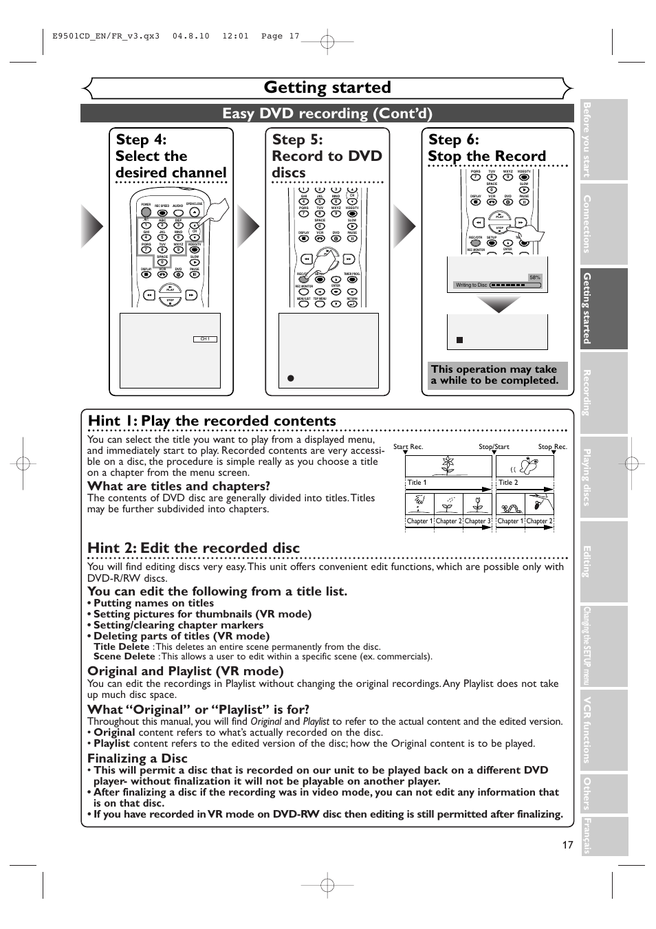 Getting started, Easy dvd recording (cont’d), Step 5: record to dvd discs | Step 4: select the desired channel, Step 6: stop the record, Hint 1: play the recorded contents, Hint 2: edit the recorded disc, What are titles and chapters, You can edit the following from a title list, Original and playlist (vr mode) | Symphonic CWR20V4 User Manual | Page 17 / 108