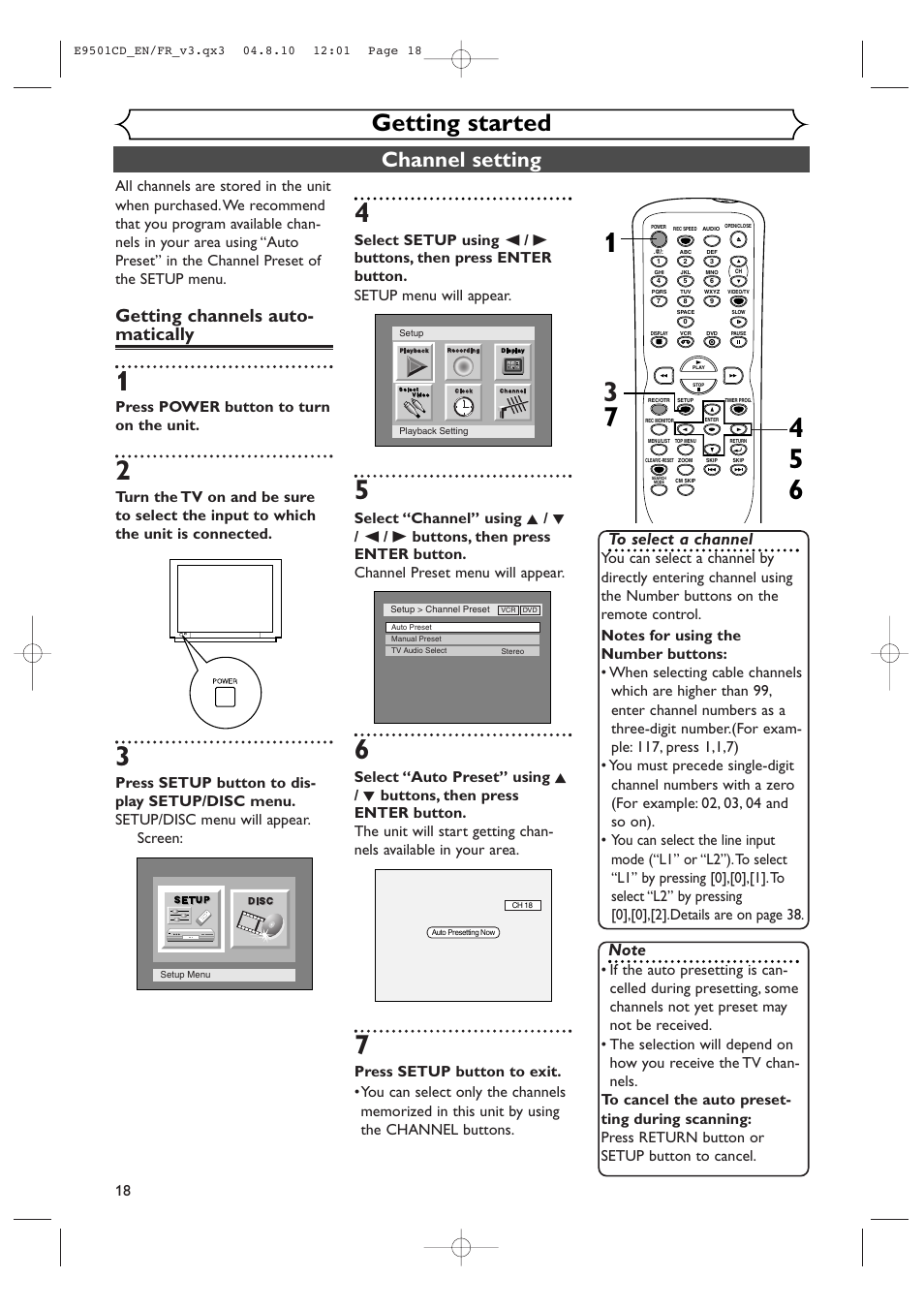 Getting started, Channel setting, Getting channels auto- matically | Press power button to turn on the unit | Symphonic CWR20V4 User Manual | Page 18 / 108