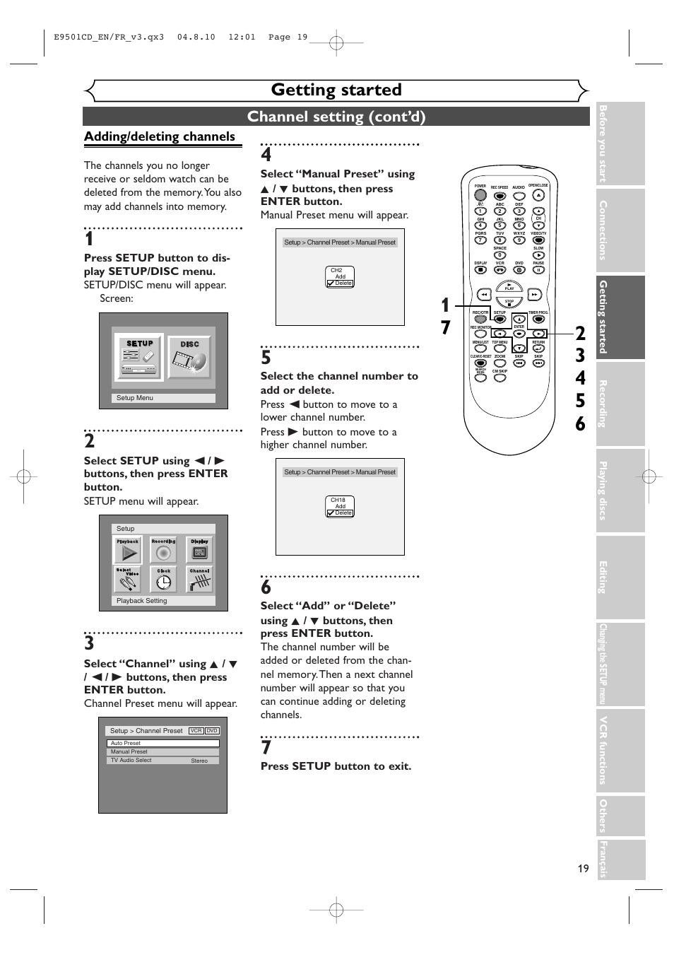 Getting started, Channel setting (cont’d), Adding/deleting channels | Press setup button to exit | Symphonic CWR20V4 User Manual | Page 19 / 108