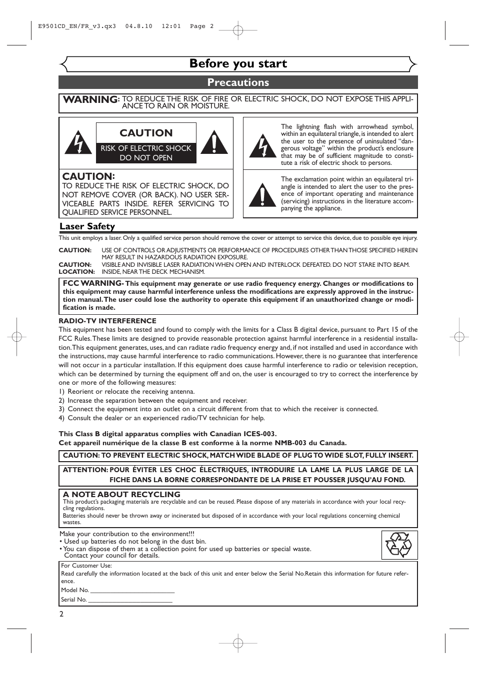 Before you start, Precautions, Caution | Warning, Laser safety | Symphonic CWR20V4 User Manual | Page 2 / 108