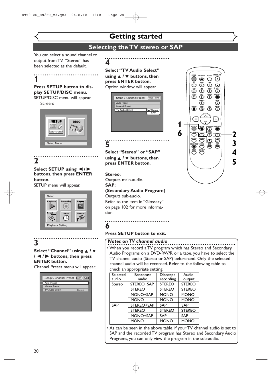 Getting started, Selecting the tv stereo or sap, Press setup button to exit | Symphonic CWR20V4 User Manual | Page 20 / 108