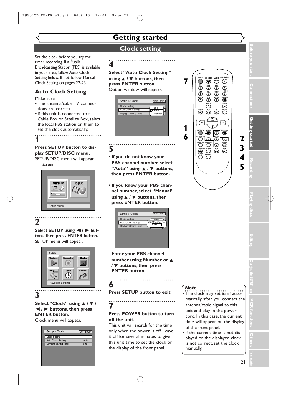 Getting started, Clock setting, Auto clock setting | Press setup button to exit | Symphonic CWR20V4 User Manual | Page 21 / 108