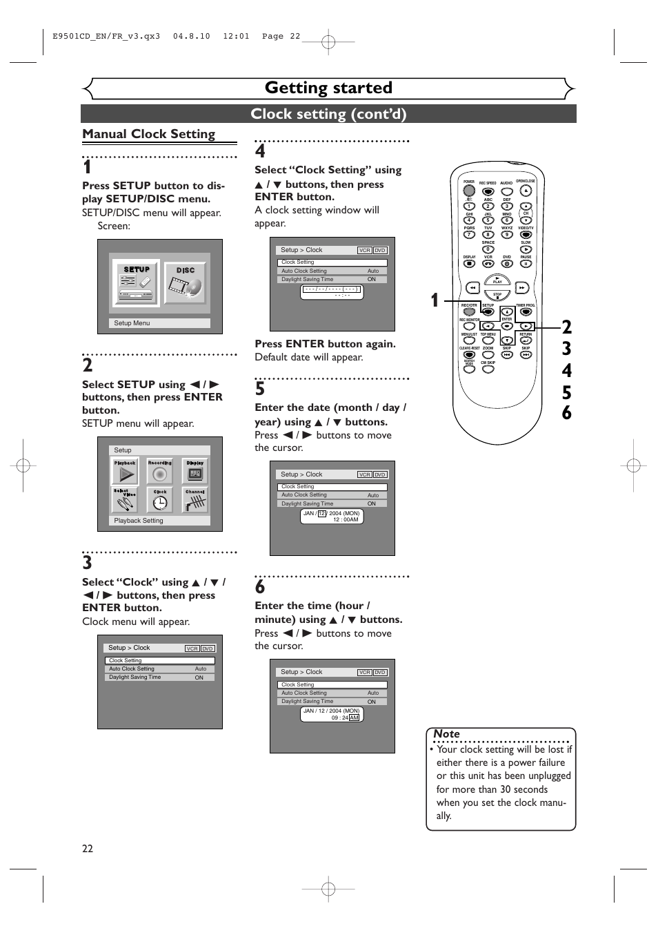 Getting started, Clock setting (cont’d), Manual clock setting | Symphonic CWR20V4 User Manual | Page 22 / 108