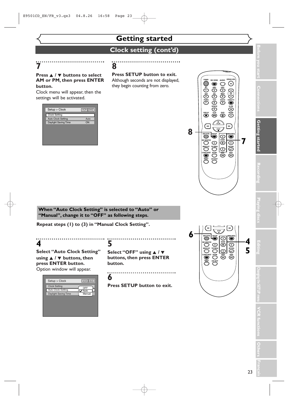 Getting started, Clock setting (cont’d), Press setup button to exit | Vcr functions others | Symphonic CWR20V4 User Manual | Page 23 / 108