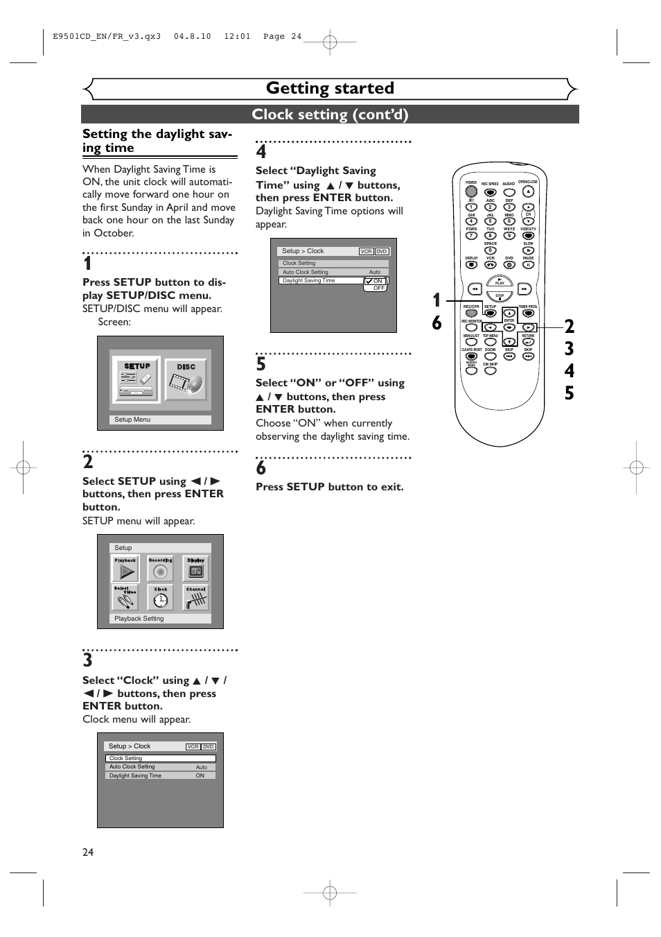 Getting started, Clock setting (cont’d), Setting the daylight sav- ing time | Press setup button to exit | Symphonic CWR20V4 User Manual | Page 24 / 108