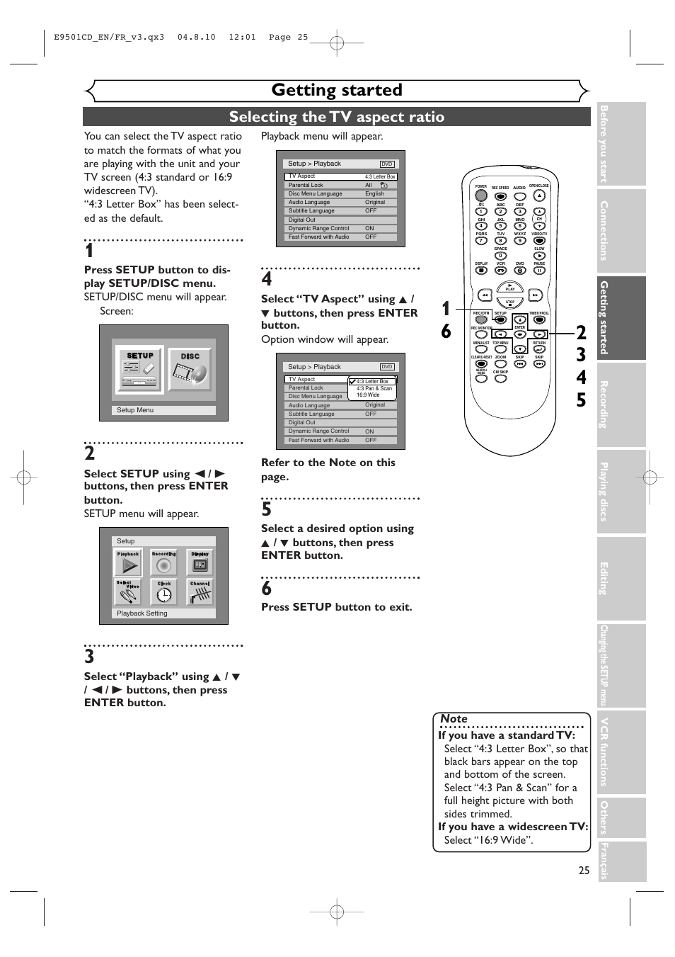 Getting started, Selecting the tv aspect ratio, Playback menu will appear | Press setup button to exit | Symphonic CWR20V4 User Manual | Page 25 / 108