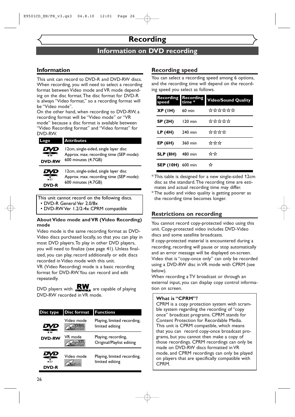 Recording, Information on dvd recording, Information | Recording speed, Restrictions on recording | Symphonic CWR20V4 User Manual | Page 26 / 108