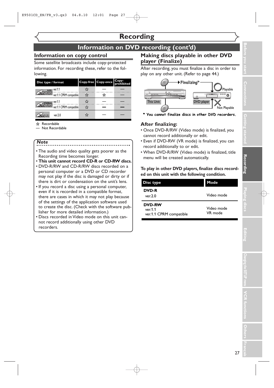 Recording, Information on dvd recording (cont’d), Information on copy control | Symphonic CWR20V4 User Manual | Page 27 / 108