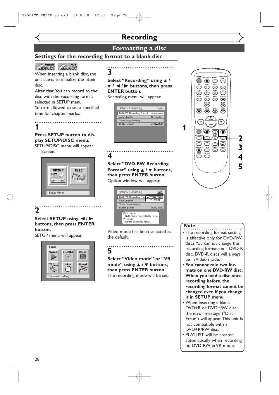 Recording, Formatting a disc, Settings for the recording format to a blank disc | Symphonic CWR20V4 User Manual | Page 28 / 108