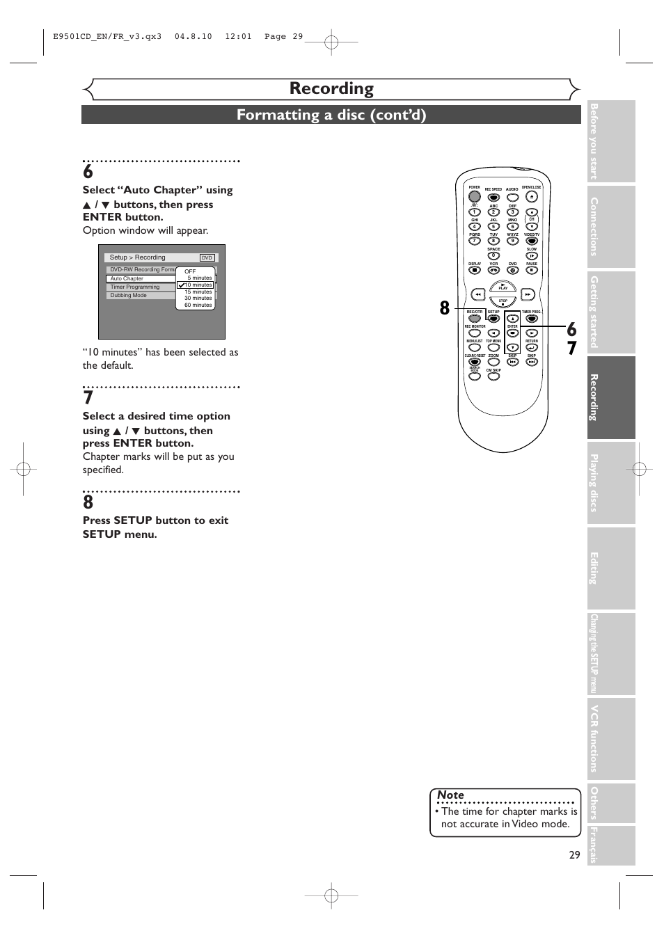 Recording, Formatting a disc (cont’d), Press setup button to exit setup menu | Vcr functions others | Symphonic CWR20V4 User Manual | Page 29 / 108