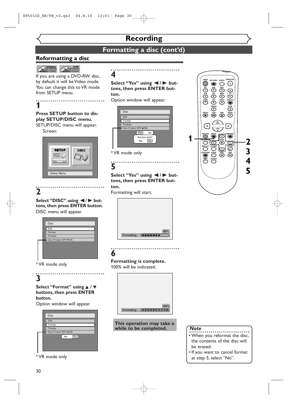 Recording, Formatting a disc (cont’d), Reformatting a disc | Symphonic CWR20V4 User Manual | Page 30 / 108