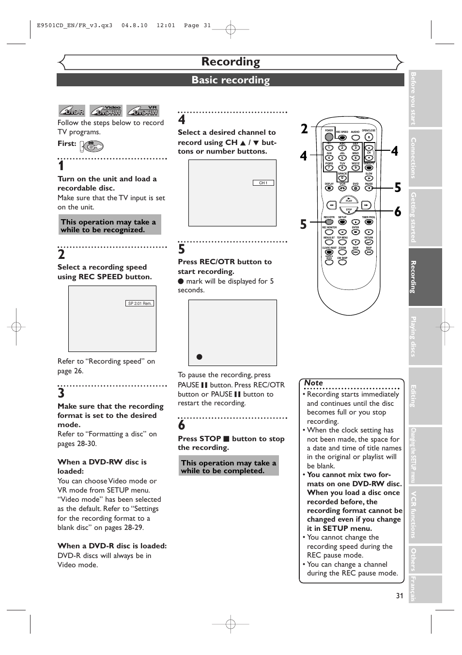 Recording, Basic recording, This operation may take a while to be recognized | Symphonic CWR20V4 User Manual | Page 31 / 108