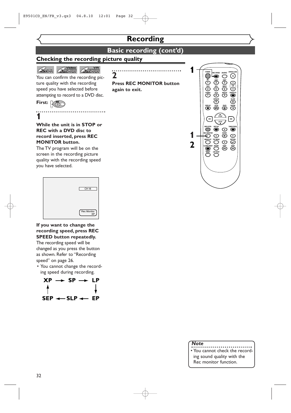 Recording, Basic recording (cont’d), Xp sp lp ep slp sep | Checking the recording picture quality, Press rec monitor button again to exit | Symphonic CWR20V4 User Manual | Page 32 / 108