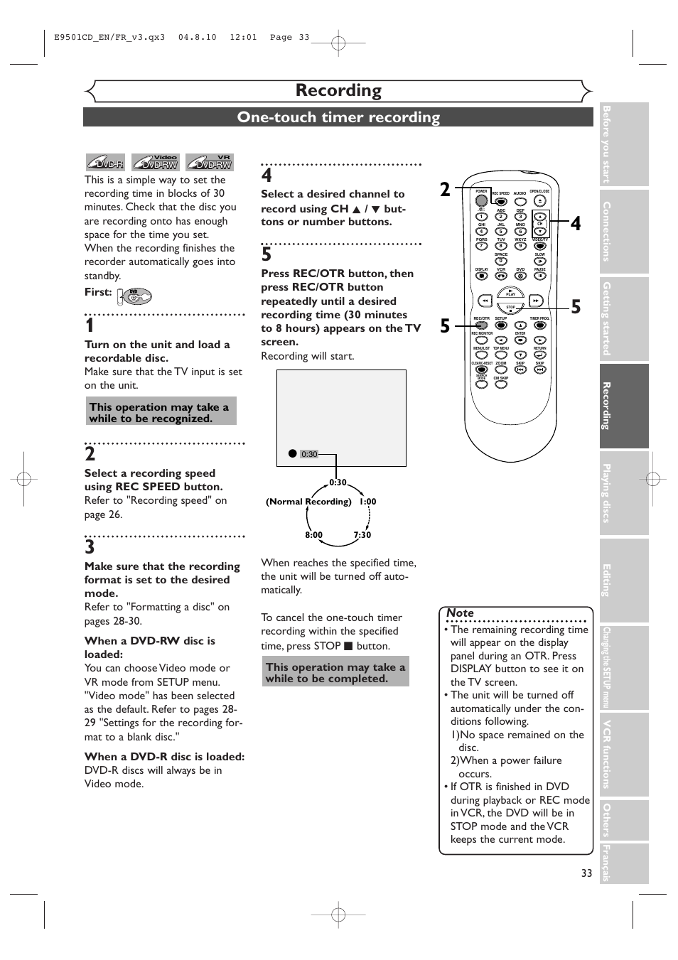 Recording, One-touch timer recording, This operation may take a while to be recognized | Symphonic CWR20V4 User Manual | Page 33 / 108