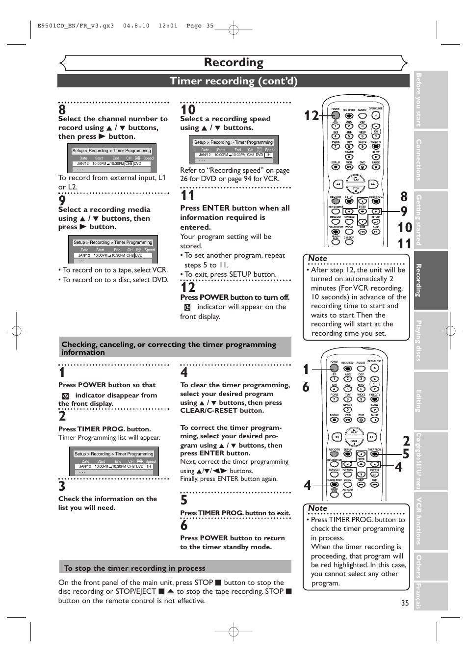 Recording, Timer recording (cont’d), Vcr functions others | Check the information on the list you will need, Press timer prog. button to exit | Symphonic CWR20V4 User Manual | Page 35 / 108