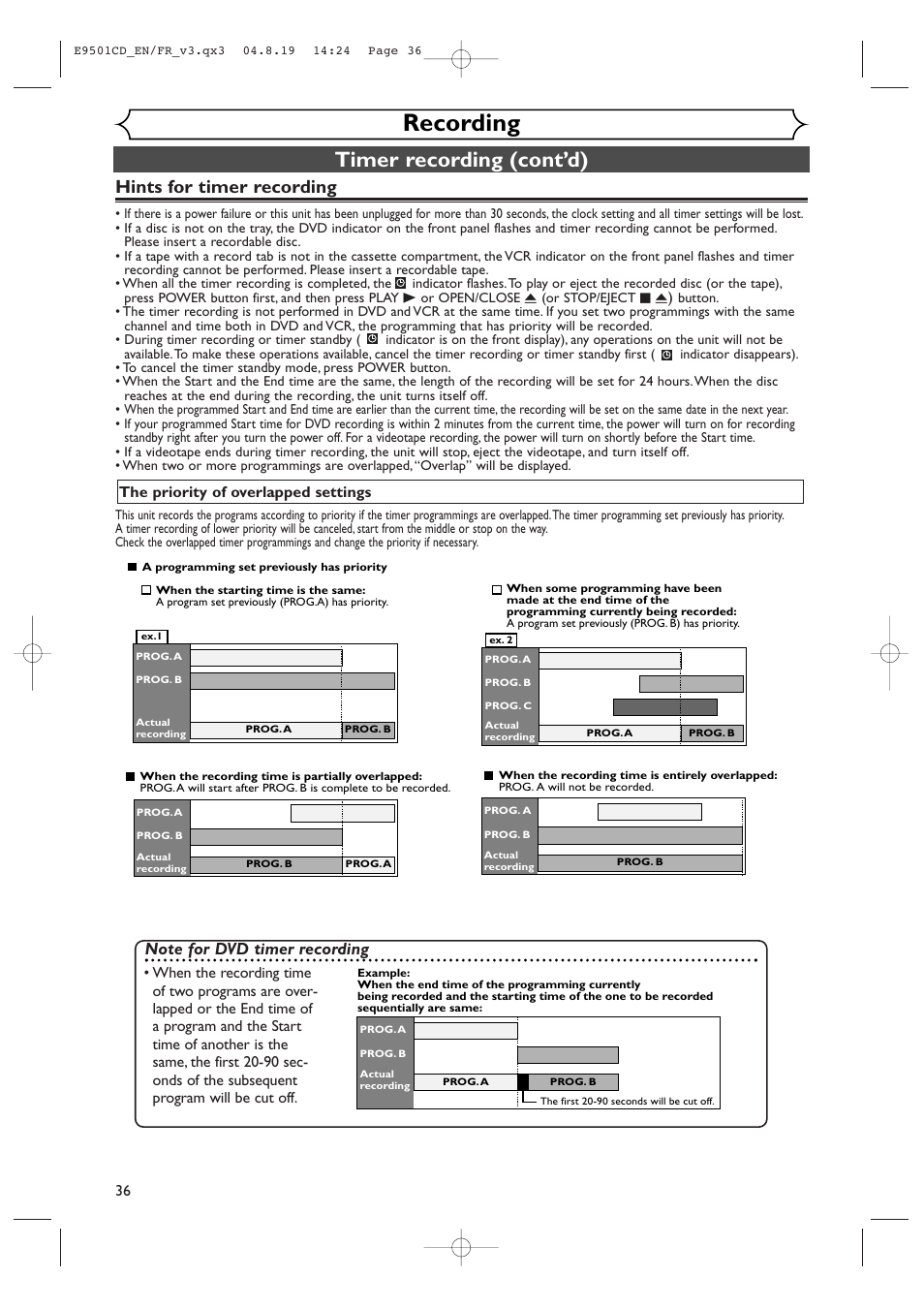 Recording, Timer recording (cont’d), Hints for timer recording | Symphonic CWR20V4 User Manual | Page 36 / 108