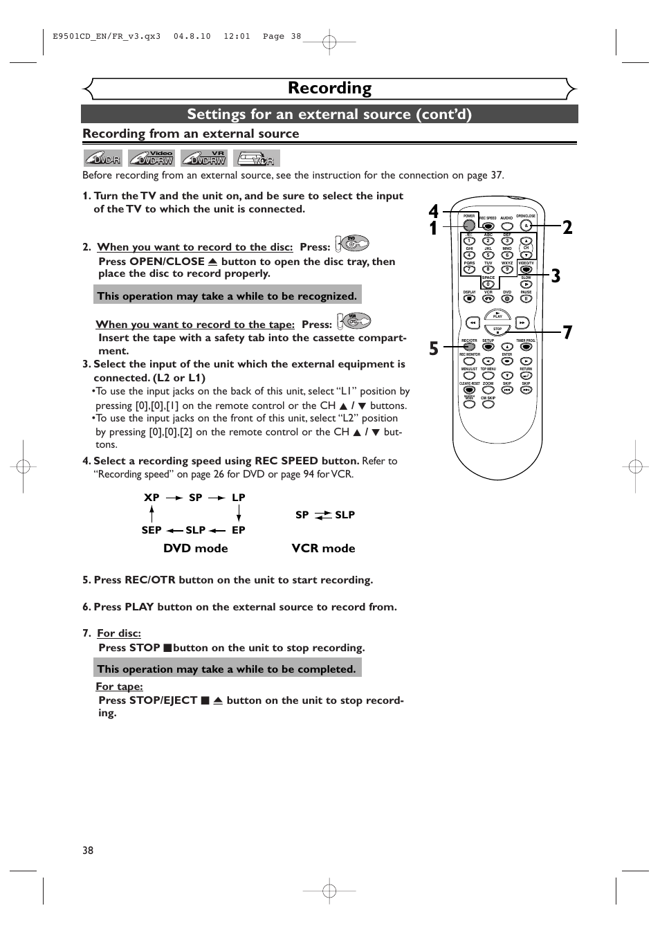 Recording, Settings for an external source (cont’d), Recording from an external source | Vcr mode, Dvd mode, This operation may take a while to be recognized, Sp slp, Xp sp lp ep slp | Symphonic CWR20V4 User Manual | Page 38 / 108