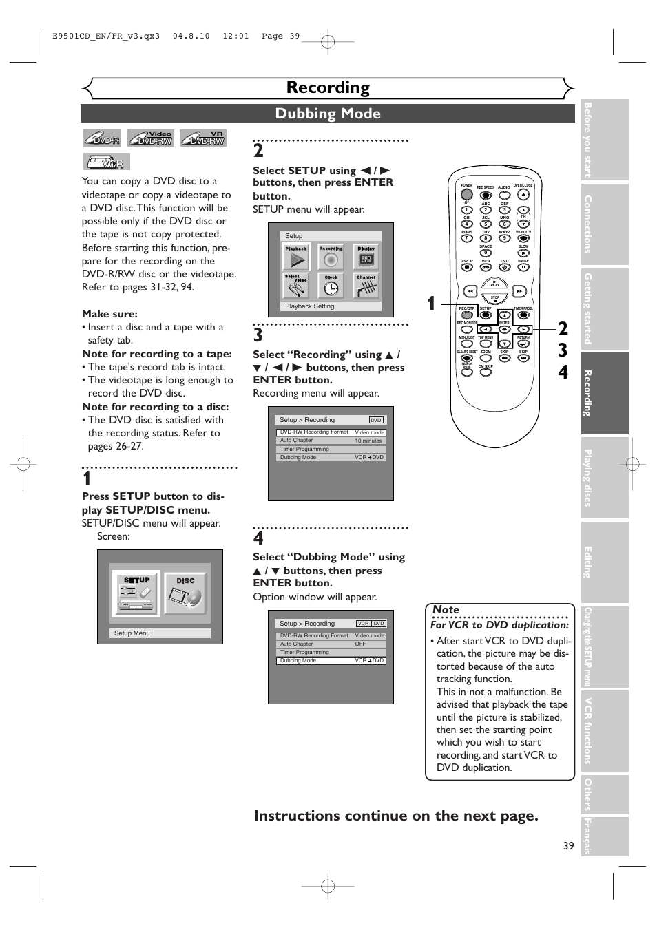 Recording, Dubbing mode, Instructions continue on the next page | Symphonic CWR20V4 User Manual | Page 39 / 108