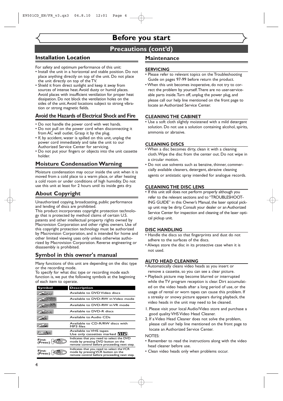 Before you start, Precautions (cont’d), Installation location | Avoid the hazards of electrical shock and fire, Moisture condensation warning, About copyright, Symbol in this owner's manual, Maintenance, Servicing, Cleaning the cabinet | Symphonic CWR20V4 User Manual | Page 4 / 108