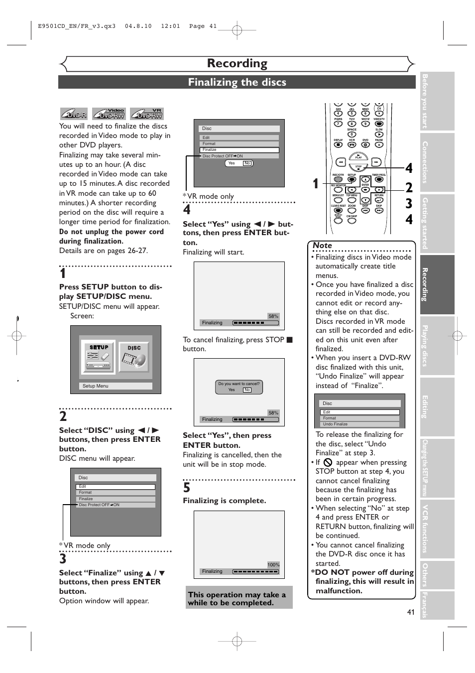 Recording, Finalizing the discs | Symphonic CWR20V4 User Manual | Page 41 / 108