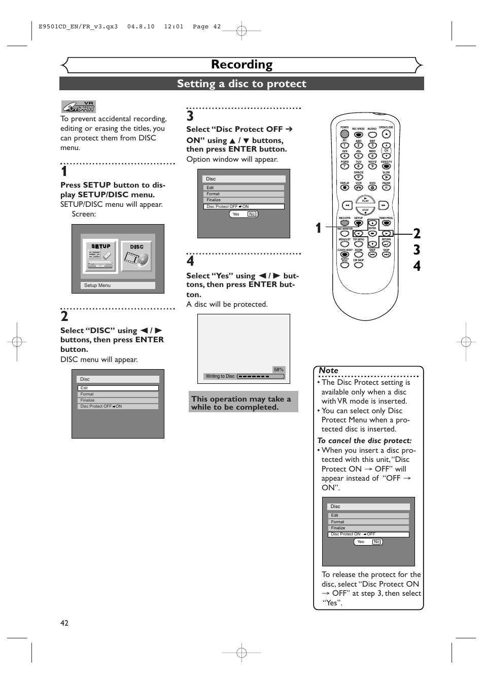 Recording, Setting a disc to protect | Symphonic CWR20V4 User Manual | Page 42 / 108