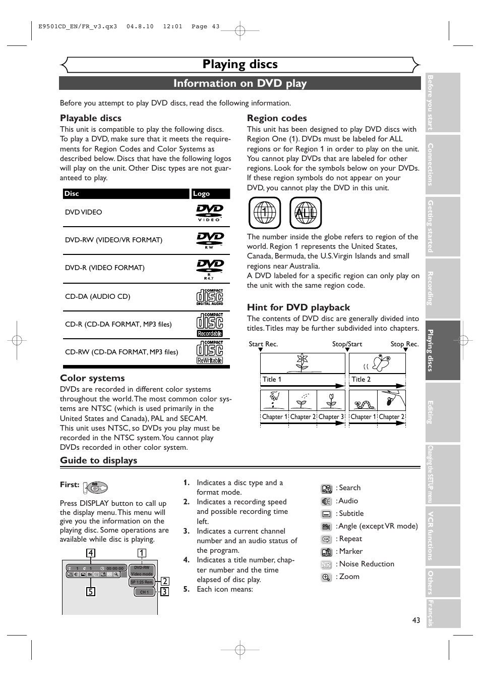 Playing discs, Information on dvd play, Playable discs | Color systems, Region codes, Hint for dvd playback, Guide to displays | Symphonic CWR20V4 User Manual | Page 43 / 108