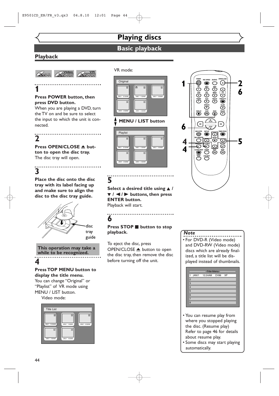 Playing discs, Basic playback, Playback | This operation may take a while to be recognized, Disc tray guide | Symphonic CWR20V4 User Manual | Page 44 / 108