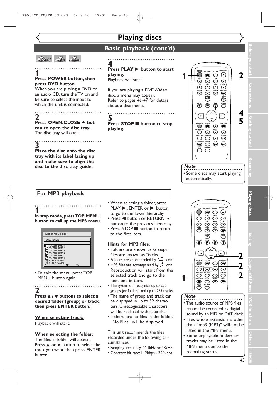 Playing discs, Basic playback (cont’d), For mp3 playback | Press stop c button to stop playing, Some discs may start playing automatically | Symphonic CWR20V4 User Manual | Page 45 / 108