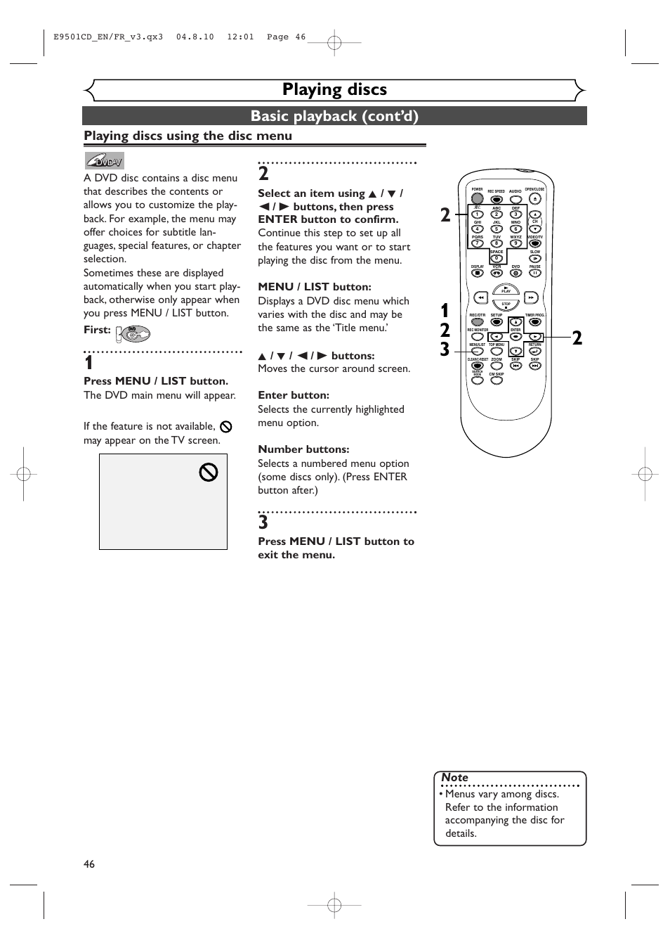 Playing discs, Basic playback (cont’d), Playing discs using the disc menu | Press menu / list button to exit the menu | Symphonic CWR20V4 User Manual | Page 46 / 108