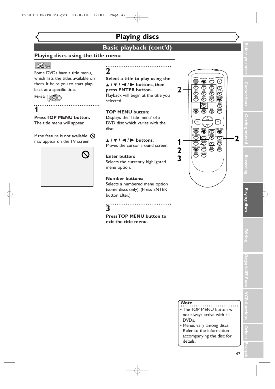 Playing discs, Basic playback (cont’d), Playing discs using the title menu | Press top menu button to exit the title menu | Symphonic CWR20V4 User Manual | Page 47 / 108