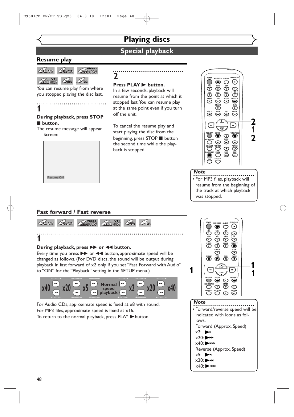 Playing discs, Special playback, Resume play | Fast forward / fast reverse, Normal speed playback | Symphonic CWR20V4 User Manual | Page 48 / 108