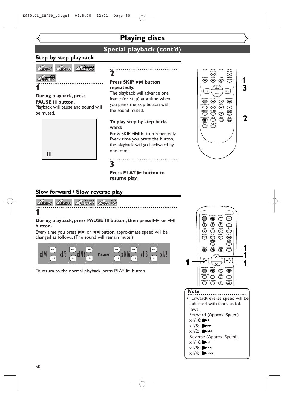 X1/8, Playing discs, Special playback (cont’d) | Step by step playback, Slow forward / slow reverse play, Press play b button to resume play, Pause | Symphonic CWR20V4 User Manual | Page 50 / 108